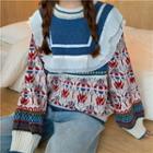 Print Ruffled Sweater Almond & Blue & Red - One Size