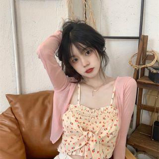 Cropped Cardigan / Floral Print Bow Camisole Top