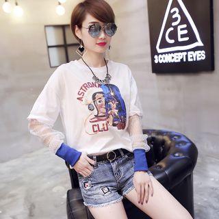 Tulle Sleeve Printed Pullover