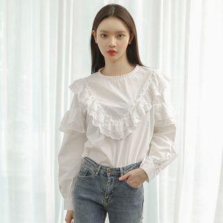 Round-neck Frilled-detail Top White - One Size