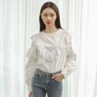 Round-neck Frilled-detail Top White - One Size