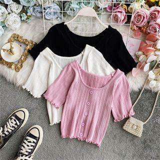 Frill-hem Short-sleeve U-neck Knit Top