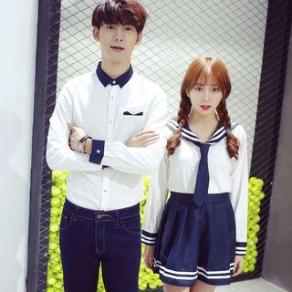 Women Set: Sailor Collar Blouse + A-line Skirt / Men Two-tone Shirt