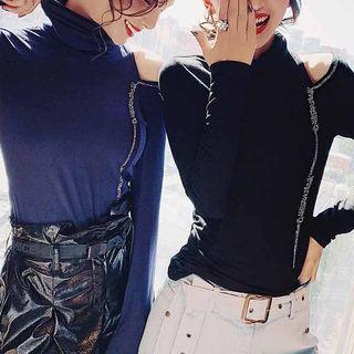Rhinestone Long-sleeve Turtleneck Cut Out Top