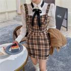Long-sleeve Bow Shirt / Sleeveless Plaid Top / Mini Fitted Skirt