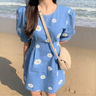 Balloon-sleeve Flower Print A-line Denim Dress