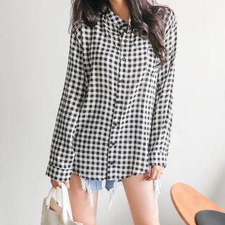 Mandarin-collar Gingham Shirt