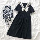 Short-sleeve Sailor Collar A-line Dress Black - One Size