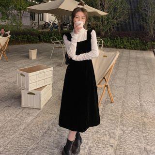 Plain Long-sleeve Top / Velvet Spaghetti-strap Dress