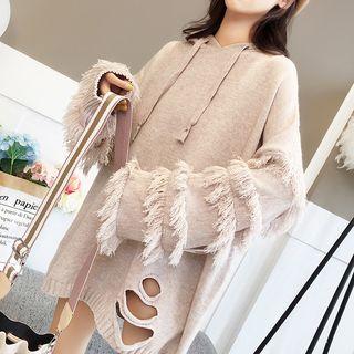 Fringe-trim Ripped Knit Hoodie