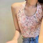 Floral Printed Halter Cropped Top Pink - One Size