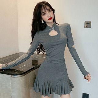 Long-sleeve Cutout Frog Buttoned Mini Sheath Dress