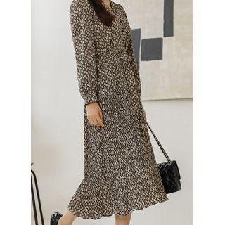 Pleated-panel Patterned Long Dress With Sash