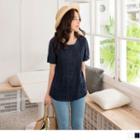 Short-sleeve Pintuck Lace Applique Top
