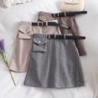 Plaid Woolen Mini Skirt With Belt