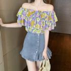 Off-shoulder Floral Cropped Blouse / Denim Mini A-line Skirt