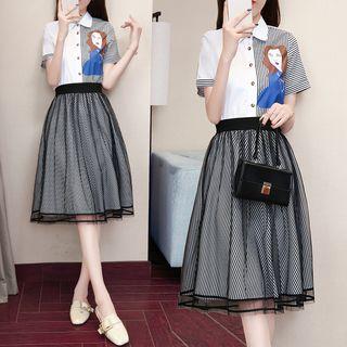 Set: Short-sleeve Print Shirt + A-line Midi Skirt