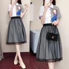 Set: Short-sleeve Print Shirt + A-line Midi Skirt