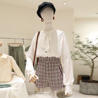 Long-sleeve Tie-neck Blouse White - One Size