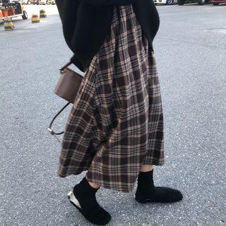 Plaid Midi A-line Skirt Plaid - Dark Brown - One Size