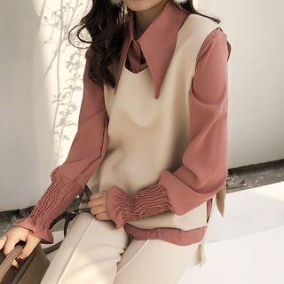 Set: Ruffled Shirt + Lace-up Knit Vest