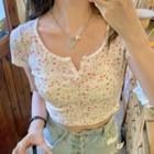 Short-sleeve Floral Print Knit Crop Top Floral - White - One Size