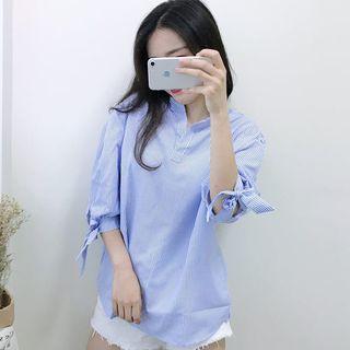 Elbow-sleeve Striped Placket Top