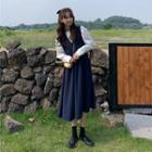 Plain Puff-sleeve Blouse/ V-neck A-line Pinafore Dress With Waist Bag