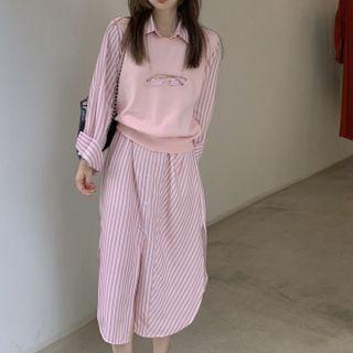 Striped Midi Shirtdress / Plain Sweater Vest