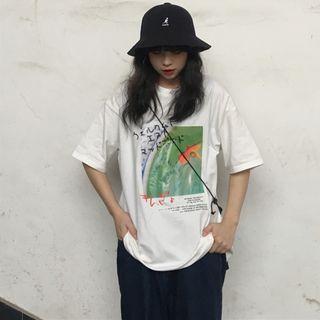 Elbow-sleeve Fish Print T-shirt White - One Size