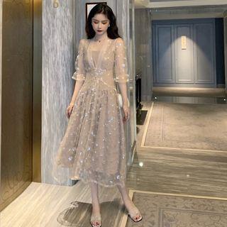 Sequined V-neck Sheer Dress / Plain Slipdress