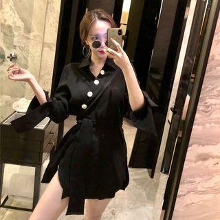 Long-sleeve Tie-waist Shirt Dress Black - One Size