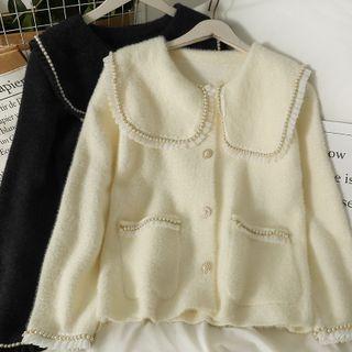 Mesh Ruffle-trim Pearl-accent Loose Cardigan