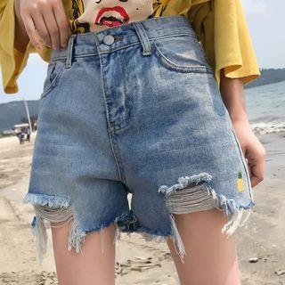 Distressed Embroidered Pineapple Denim Shorts