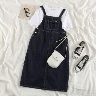 Short-sleeve T-shirt / Denim Midi Overall Dress
