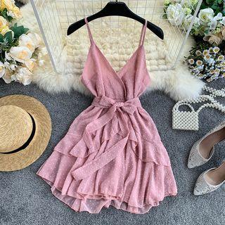 Dot Ruffle Chiffon Spaghetti-strap Dress