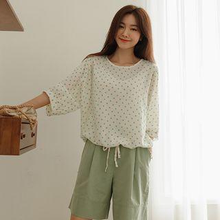 Balloon-sleeve Tie-hem Dotted Top