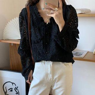 Lace Ruffle Trim V-neck Blouse