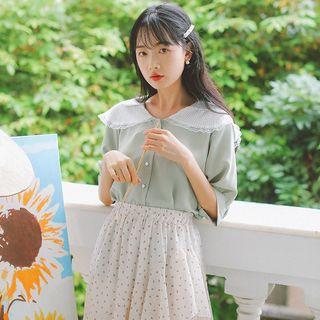 Lace Trim Peter Pan Collar Elbow-sleeve Chiffon Blouse