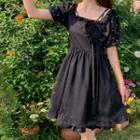Puff-sleeve Square-neck Mesh Panel Bow Mini Dress Black - One Size