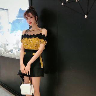 Set: Floral Print Cold-shoulder Chiffon Blouse + Mini A-line Skirt
