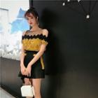 Set: Floral Print Cold-shoulder Chiffon Blouse + Mini A-line Skirt