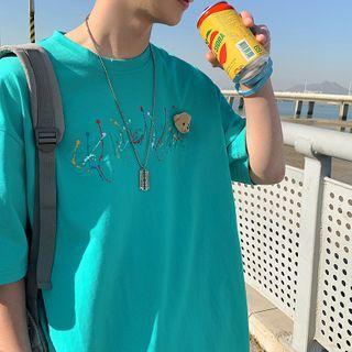Bear Applique Printed Elbow-sleeve Tee