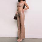 Set: Faux Leather Cropped Camisole + Faux Leather High-waist Straight Cut Pants