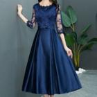 3/4-sleeve Lace Panel Midi A-line Evening Dress