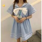 Short-sleeve Striped Trim Ribbon Mini Dress Light Blue - One Size