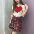 Short-sleeve Heart Print Knit Top / Plaid A-line Skirt