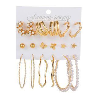 Set Of 18: Hoop Earring + Open Hoop Earring + Ear Stud Er285 - Set - Gold - One Size