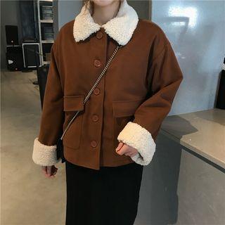 Fleece Collar Single-breasted Jacket As Shown In Figure - One Size
