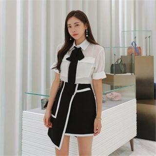 Detachable-ribbon Short-sleeve Sheer Blouse
